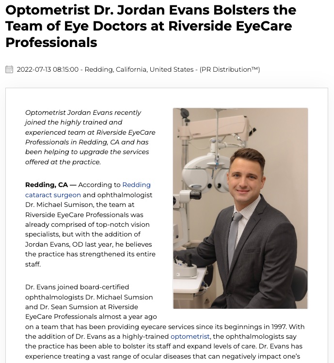 Dr. Jordan Evans Offers Care at Riverside Eyecare Professionals