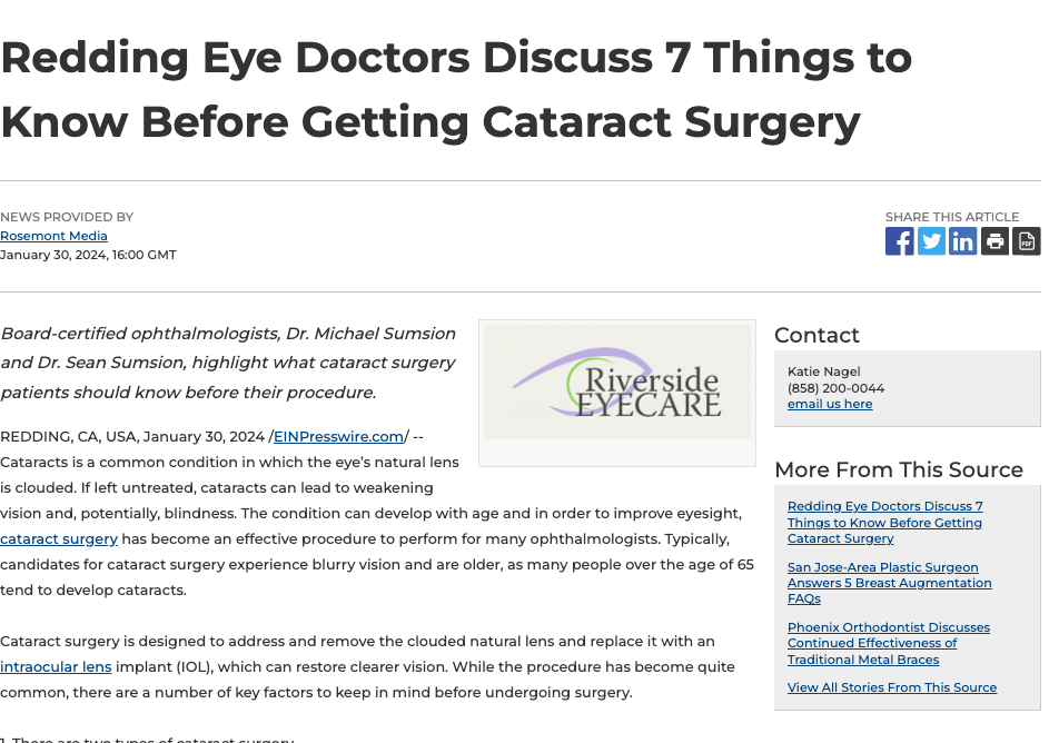 Redding Eye Doctors Highlight 7 Things to Know Before Undergoing Cataract Surgery
