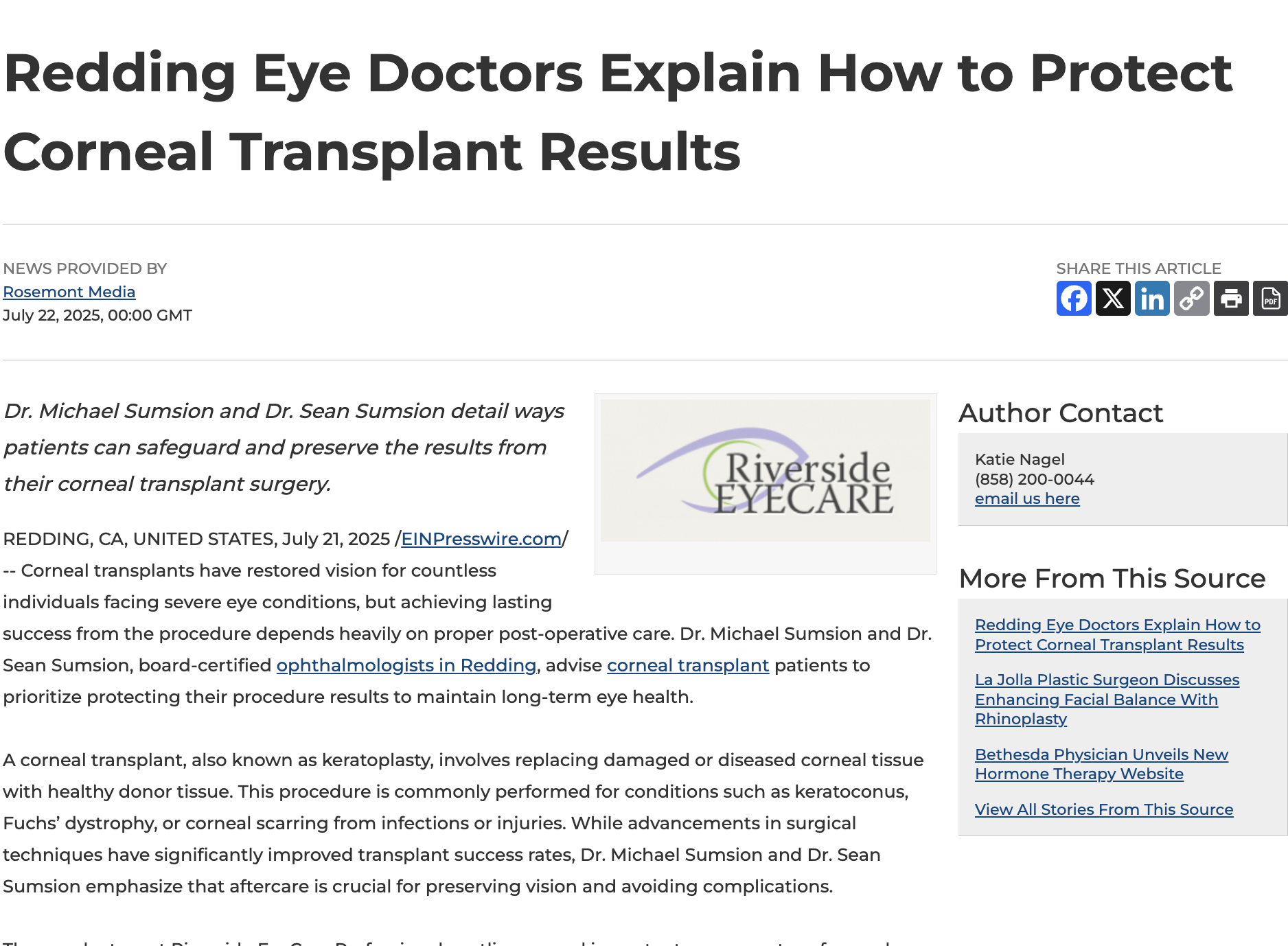 Board-Certified Redding Eye Doctors Detail Ways to Protect Corneal Transplant Results